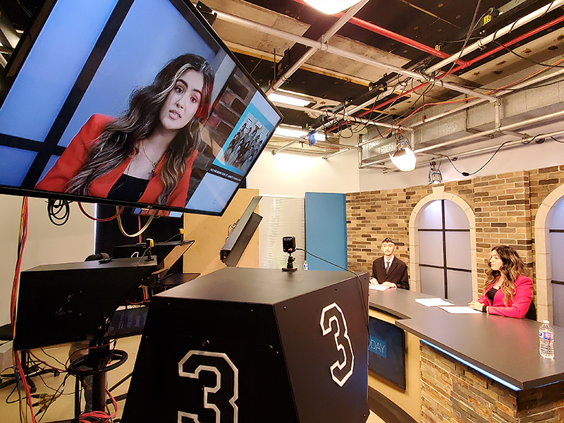 JRN 314 students doing a broadcast in Studio D. 