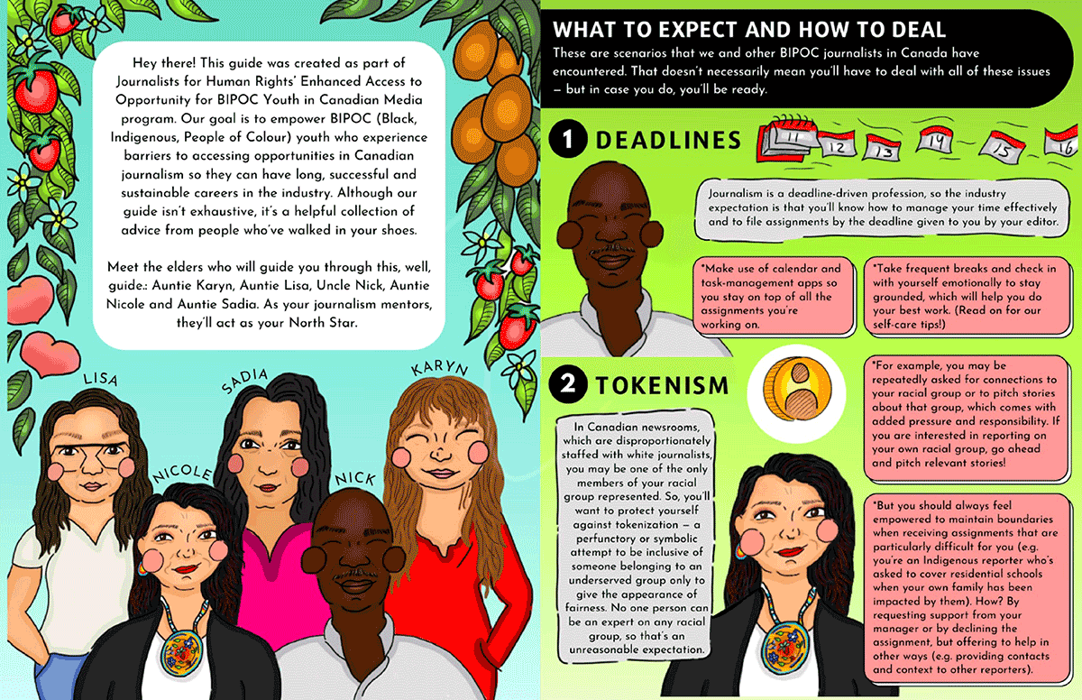 Illustration from the How-to guide for navigating Canadian Newsrooms as a BIPOC Journalist. Includes headings for what to expect and how to deal, deadlines and tokenism.