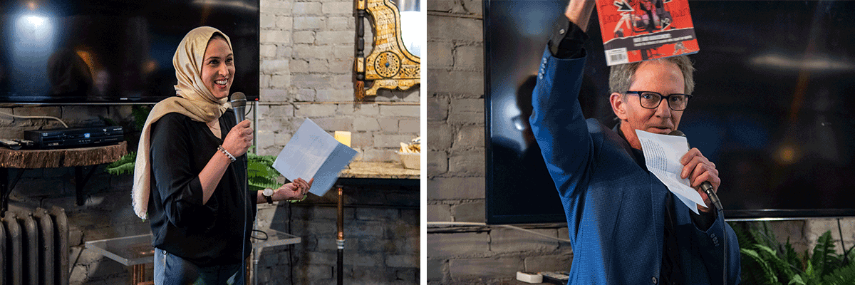 On the left Review of Journalism instructor Shenaz Kermali holds a microphone while speaking to guests. On the right, professor Bill Reynolds holds up a copy of the newly released magazine to the crowd.