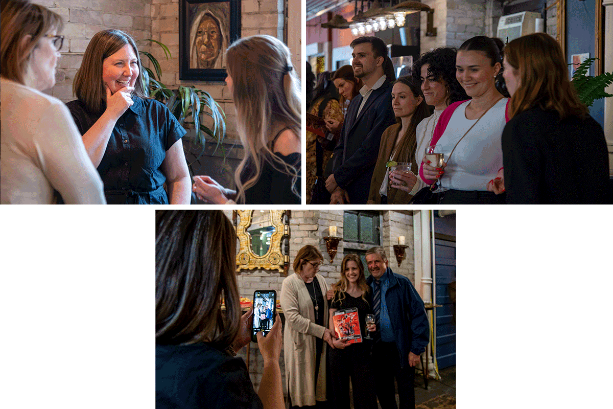 Various images of guests mingling at the Review of Journalism launch party.