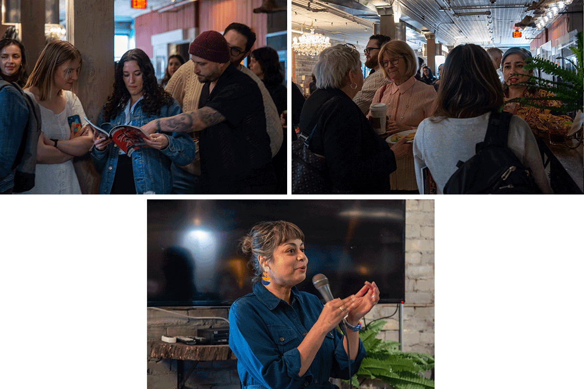 Various images of guests mingling at the Review of Journalism launch party and Associate Chair Asmaa Malik holding a microphone speaking to the guests.