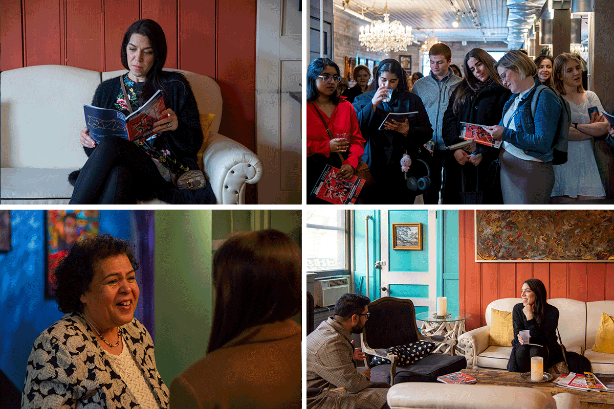 Various images of guests mingling at the Review of Journalism launch party.