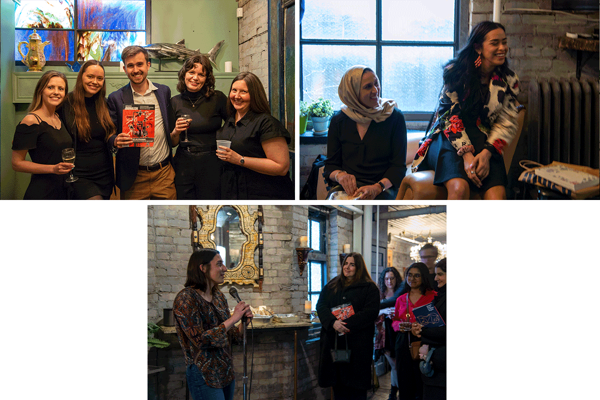 Various images of guests mingling at the Review of Journalism launch party.