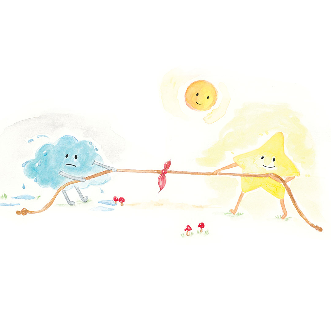 Illustration of a blue cloud and a yellow star pulling on a rope in a tug-of-war as the sun shines down on them.