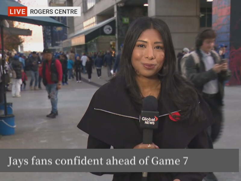 Screengrab of a live Global News broadcast of alumna Lexy Benedict reporting on Jays game outside Rogers Centre.