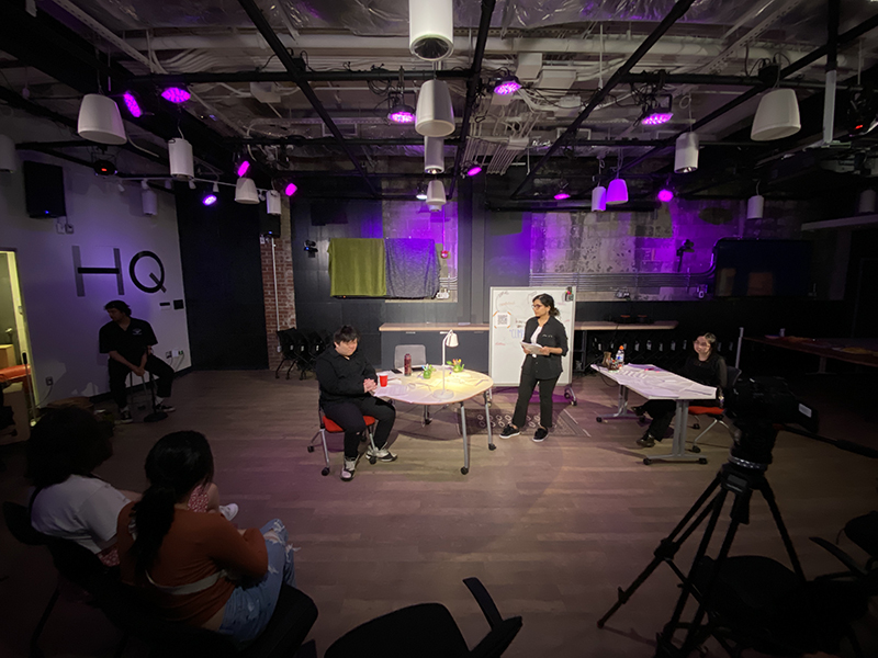 Scriptwriters/performers and community gatherers, Johnny Lin, Rochelle Raveendran and Kendra Seguin perform Under The Heat Dome at the Innovation Studio  (Photos by Sia Shete )