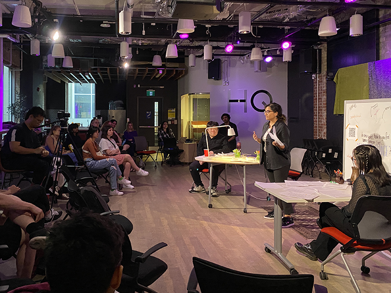 Sound designer, Caleb Hooper, Scriptwriters/performers and community gatherers, Rochelle Raveendran, Kendra Seguin and Johnny Lin perform Under The Heat Dome at the Innovation Studio  (Photos by Sia Shete)