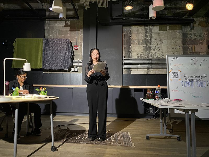 Sound designer, Caleb Hooper, Scriptwriters/performers and community gatherers, Rochelle Raveendran, Kendra Seguin and Johnny Lin perform Under The Heat Dome at the Innovation Studio  (Photos by Sia Shete)