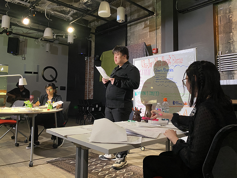 Scriptwriters/performers and community gatherers Rochelle Raveendran, Kendra Seguin and Johnny Lin perform Under The Heat Dome at the Innovation Studio  (Photos courtesy of Sonya Fatah)