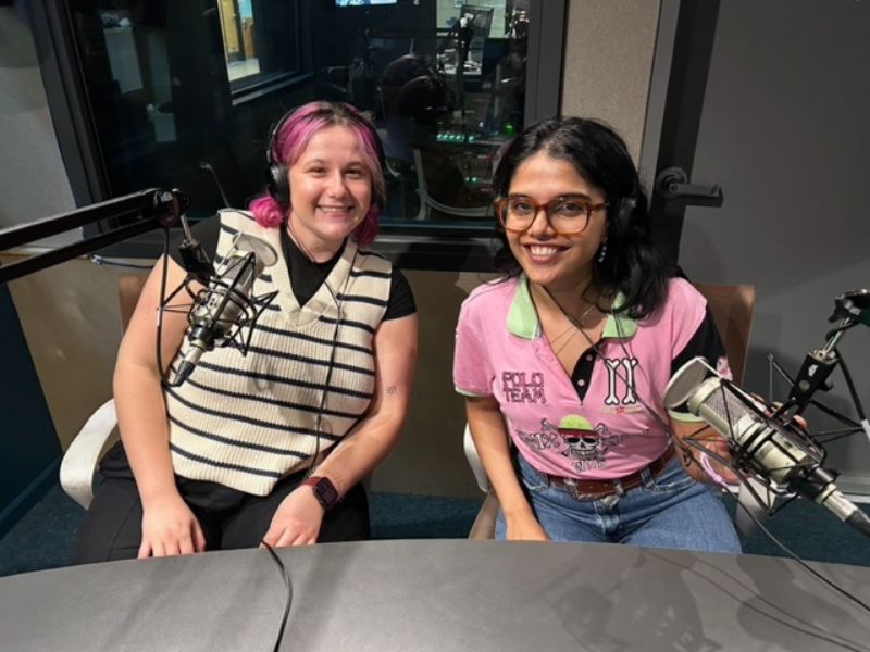 Sahaana Ranganathan (right) and co-producer of the podcast, Mariana Schuetze Andrade (left), recording their podcast episode. (Photo courtesy of Ranganathan)