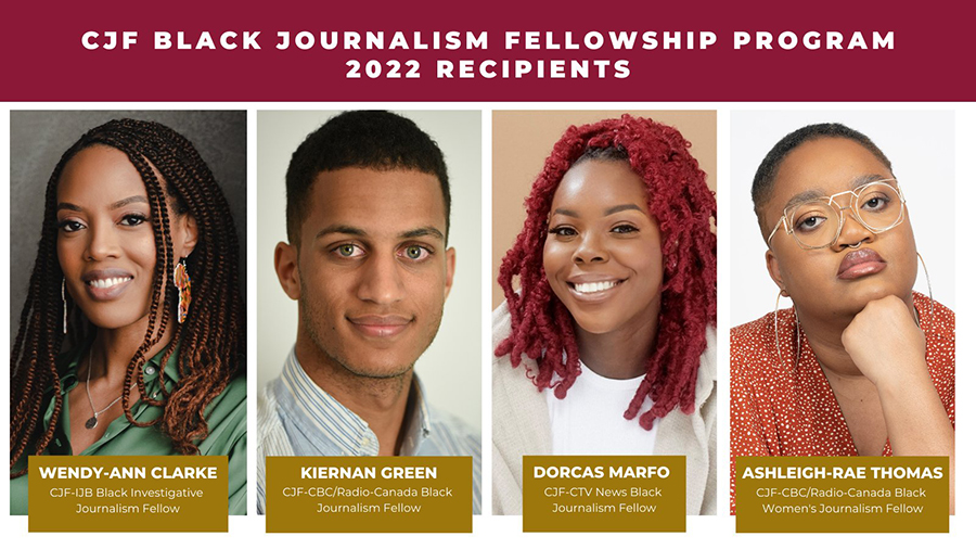 The recipients of the Black Journalism Fellowship Program: Wendy-Ann Clarke, Kiernan Green, Dorcas Marfo and Ashleigh-Rae Thomas. Green and Marfo are alumni of the School of Journalism.