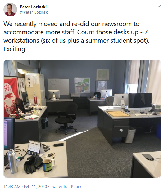 Screenshot of a tweet from Peter Lozinski with the Prince Albert Daily Herald's newsroom. 