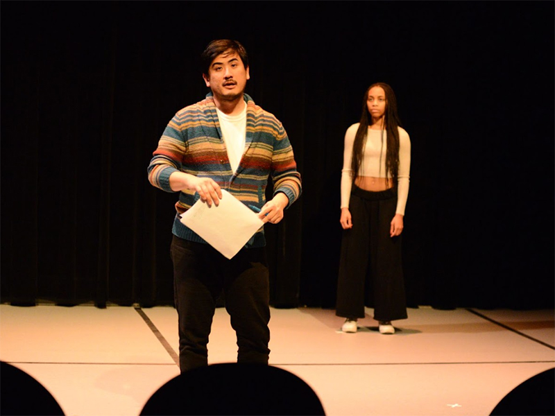 TMU graduate and Talk Media founder Adam Chen takes apart institutional definitions of  bullying and asks the audience to engage with the question of defining acts of harm. (stitched!/Aloysius Wong)