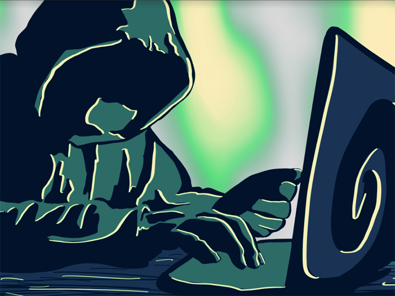 Illustration of a shadowy figure in front of a laptop. 