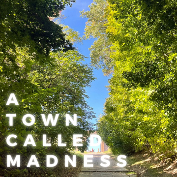 Trees over a read with the title: A Town Called Madness. 