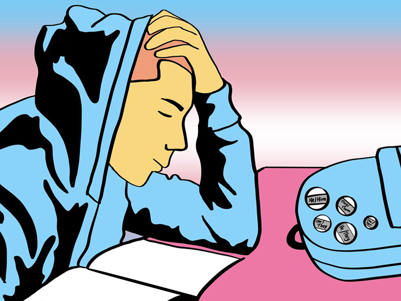 Illustration of a student in front of the colours of the trans price flag. 