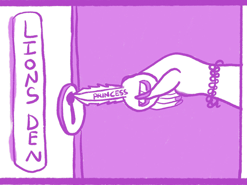 Drawing of someone putting a key in a lock. 