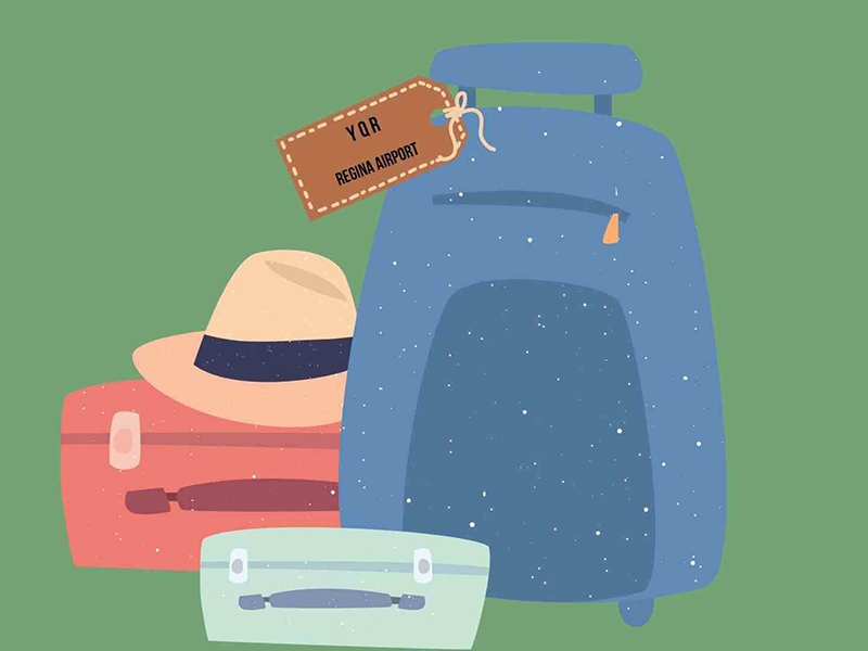 Illustration of suitcases and a hat. 