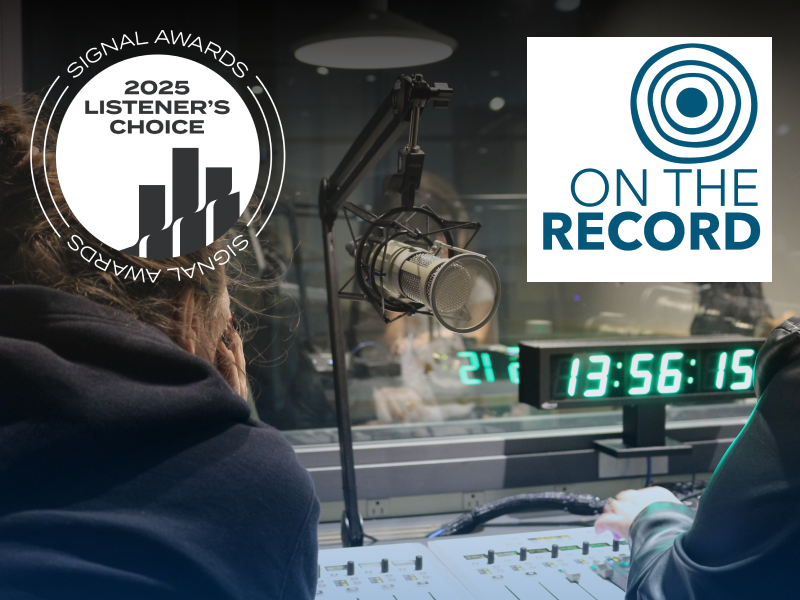Photo of a recording booth with two logo images for Signal Awards 2025 Listener's Choice and On The Record.