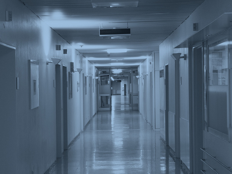 Dimly lit hospital hallway