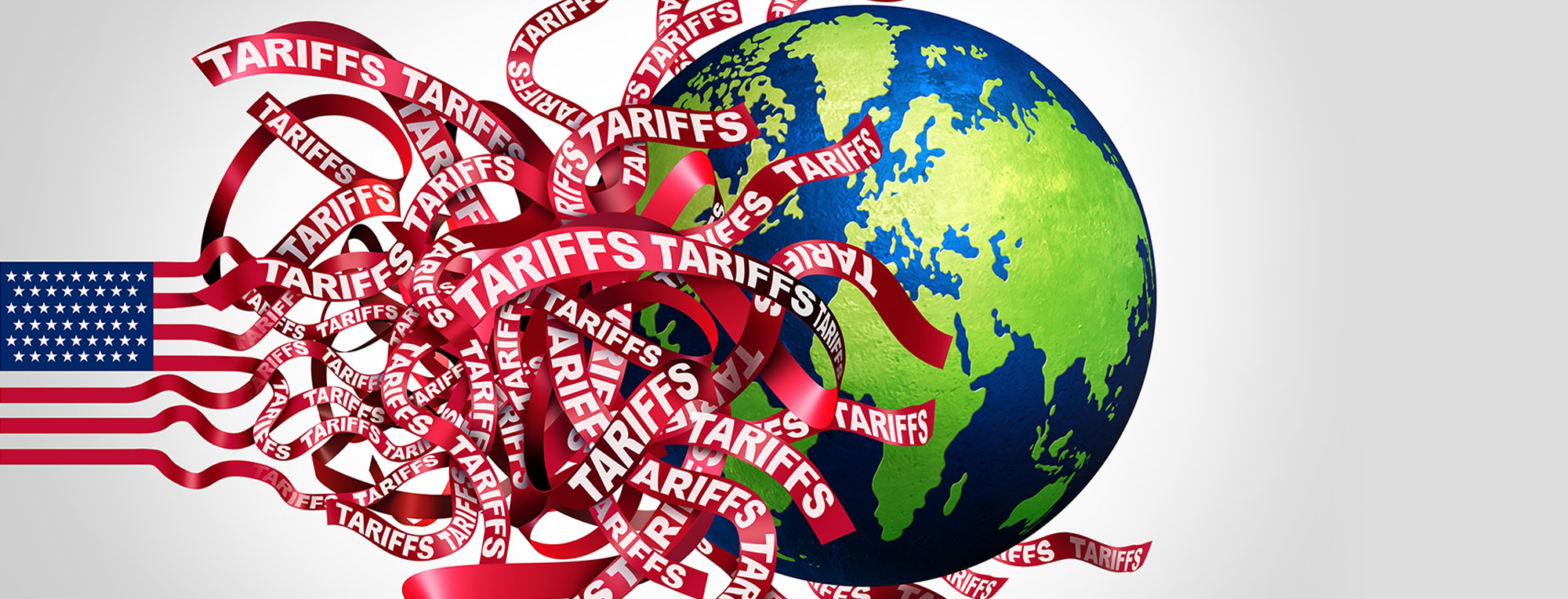 United States Tariff Global Crisis as an international trade war with US tariffs taxing imports and exports of the globe as an economic uncertainty on the world economy as a 3D illustration.