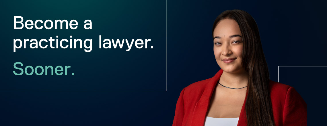 Banner with the text "Become a practicing lawyer. Sooner" with a Lincoln Alexander Law student smiling
