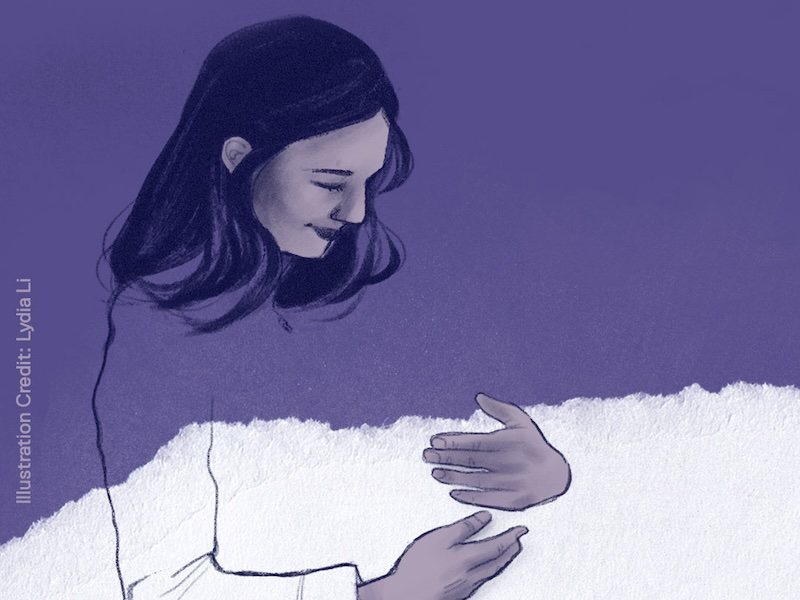 A drawing of a woman holding her arms to her chest, against a purple background.