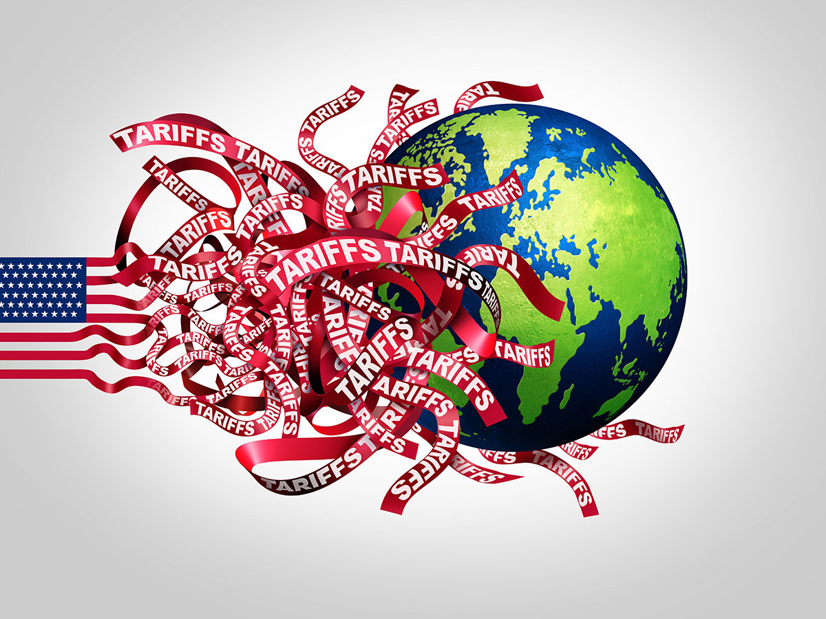 United States Tariff Global Crisis as an international trade war with US tariffs taxing imports and exports of the globe as an economic uncertainty on the world economy as a 3D illustration.
