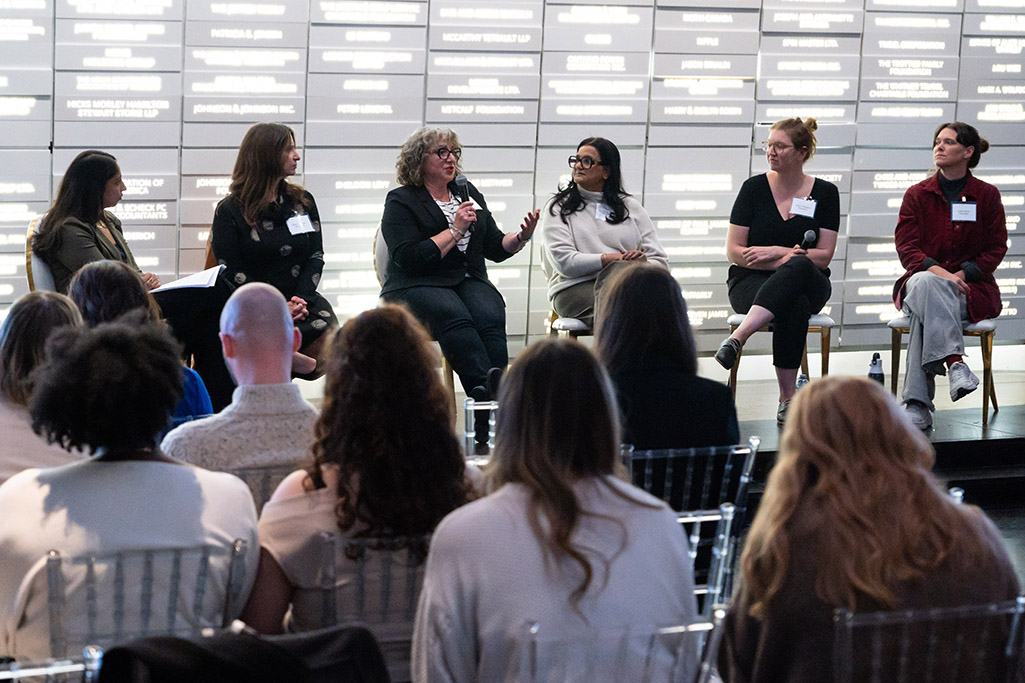 L-R: Salima Fakirani moderates a lively panel discussion with Sara R. Cohen, Dara Roth Edney, Dr. Chaula Mehta, Prof. Alana Cattapan, and Claire Burns.