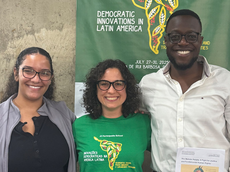 Lincoln Alexander Law's Professor Priscylla Joca (centre) travelled to Brazil this past summer with Rachel Wickham (left) and Kingsley Eze (right) to attend the Participedia School on Democratic Innovations in Latin America. 