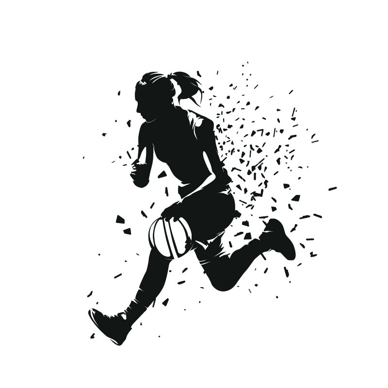 Woman playing basketball. She runs and dribbles, isolated vector silhouette, ink drawing. Female basketball logo