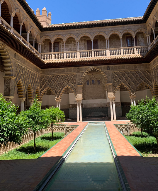 A courtyard inside the Alhambra Palace in Granada, Spain