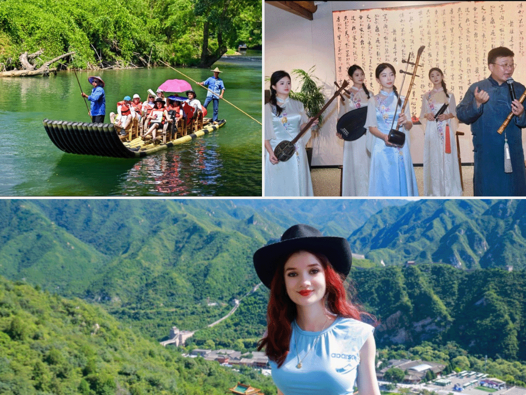 Top left: Raft on the Nine Bend River; Top right: Traditional Chinese musicians; Bottom: Giada on the Great Wall of China.