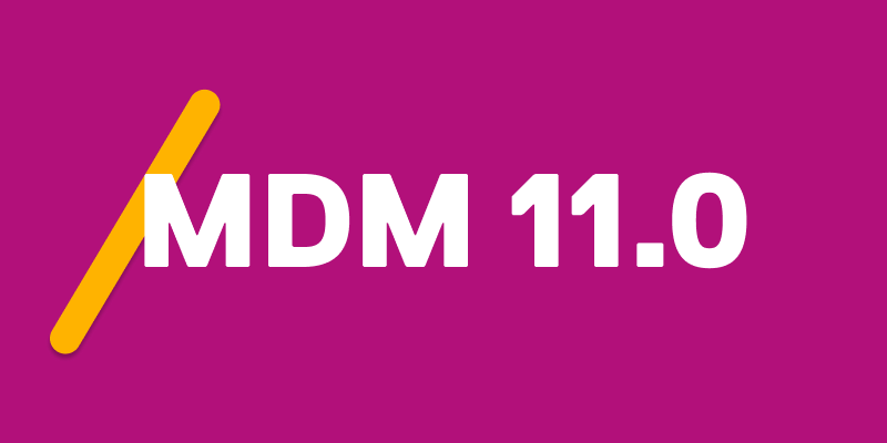 purple background with a angular yellow-orange slash with MDM 11.0 in white text