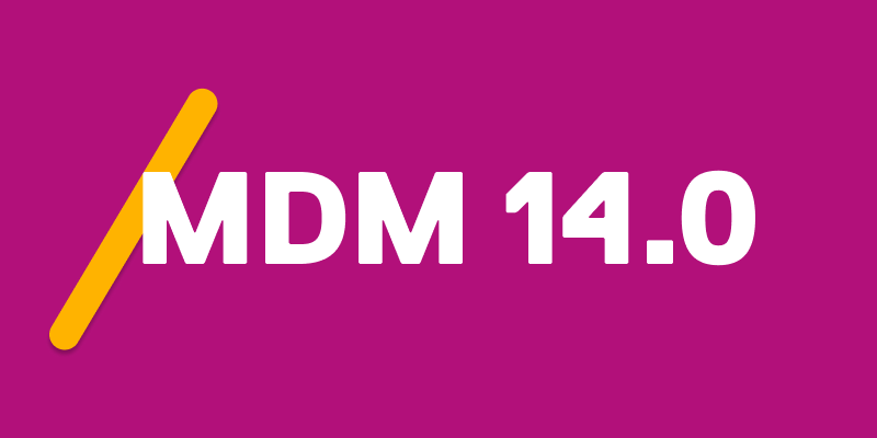 purple background with a angular yellow-orange slash with MDM 14.0 in white text