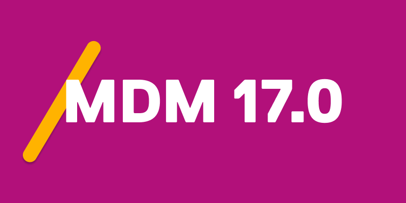 purple background with a angular yellow-orange slash with MDM 17.0 in white text