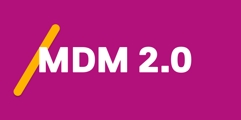 purple background with a angular yellow-orange slash with MDM 2.0 in white text