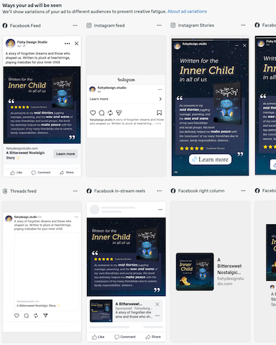 "A digital ad dashboard preview displaying 'Ways your ad will be seen' across multiple social media layouts including Facebook Feed, Instagram Feed, Instagram Stories, and Threads. The ad mockups feature promotional graphics for the book 'Can You Hear the Halcyons Sing?' by Fishy Design Studio, highlighting the taglines 'Written for the Inner Child in all of us' alongside customer reviews and 'Learn more' call-to-action buttons."