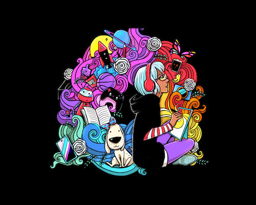 "A circular vibrant digital illustration set against a black background, featuring a profile of an artist with light blue hair drawing on a tablet while wearing red headphones. Swirling around them are colorful pop-art doodles, including a rocket, ringed planet, dog, gaming controller, open book, and various creative icons."