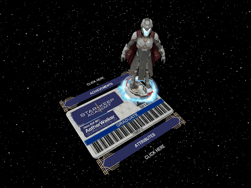 "A 3D character in futuristic sci-fi armor standing atop a glowing blue circular pedestal on a Star Keep Academy digital ID card. The angled ID card floats against a starry space background with 'ACHIEVEMENTS' and 'ATTRIBUTES' buttons."