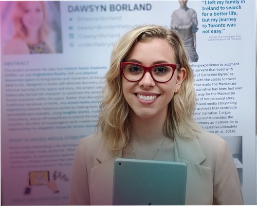 "A smiling woman 'Dawsyn Borland' with wavy blonde hair and red-rimmed glasses holding a tablet. She is standing in front of an academic presentation poster that displays the name Dawsyn Borland, project details, and an illustration of a historical figure."