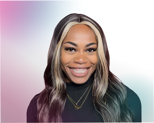  Alt text for Images: "A portrait of Maya Hinds smiling directly at the camera. She has long, wavy dark hair with blonde face-framing highlights and is wearing a black turtleneck with layered gold necklaces. The background is a soft white gradient featuring a bright pink-to-purple hue on the left and a teal hue on the bottom right."