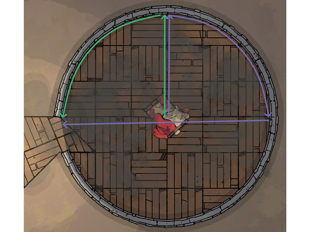 Cartoon rendering of a circular spire's floor, superimposed with coloured arrows showing the optimal evacuation trajectory.