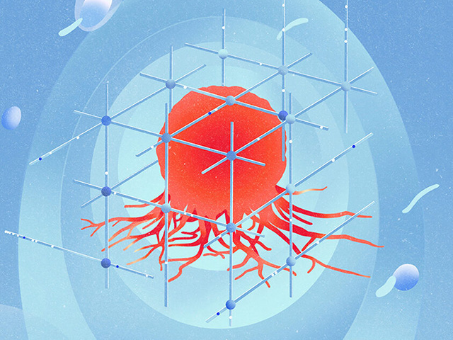Large grid surrounding a bright red cancer cell