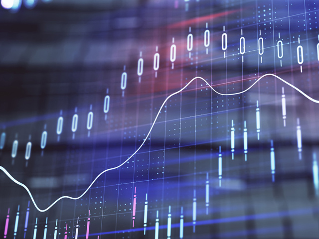 Financial chart hologram with abstract background. Double exposure. Concept of market analysis