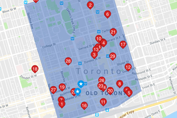 screenshot of markers on map for restaurants and bars around TRSM