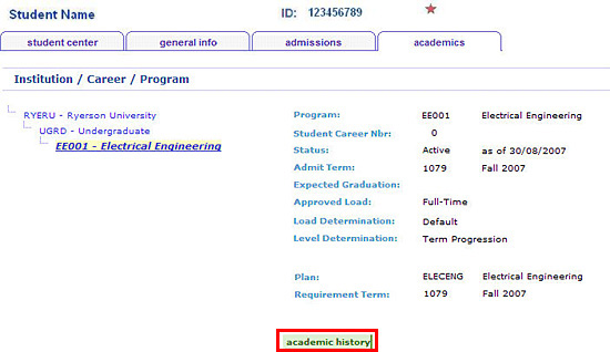 Admin Center's Academics tab with Academic History button