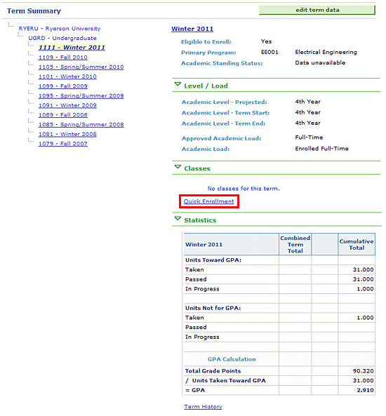 Term Summary section of Academics tab with Quick Enrolment link
