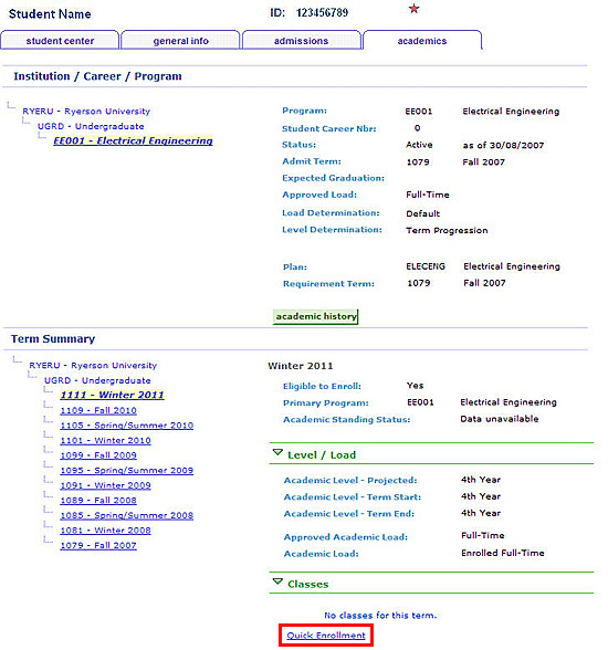 Admin Center's Academics tab with Quick Enrolment link under Term Summary section