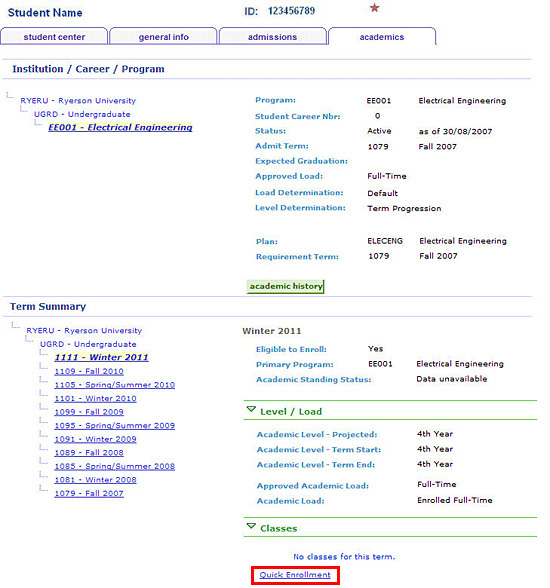 Admin Center's Academics tab with Quick Enrolment link under Term Summary section